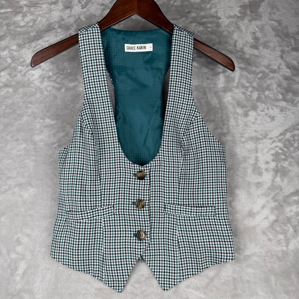 Grace Karin Teal Gingham Plaid Tailored Waistcoat Vest Small Racerback